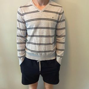 Tommy Hilfiger grey and striped v neck sweater